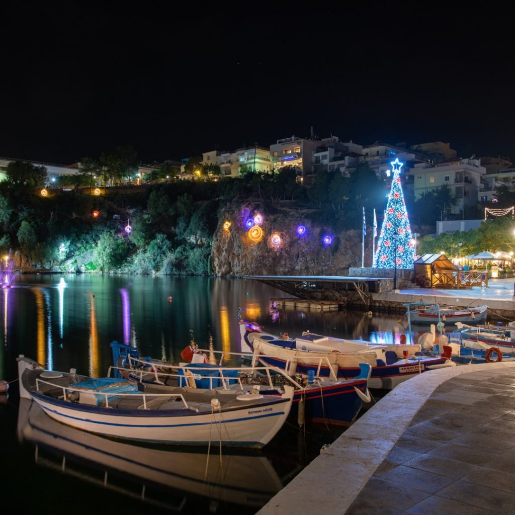 Christmas decorations by the lake Voulismeni in Agios Nikolaos Crete